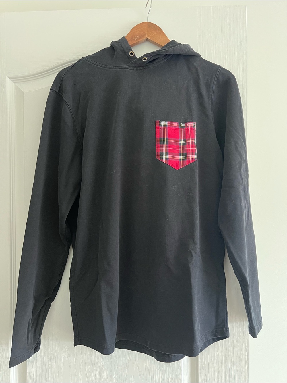 Black Hoodie with Red Plaid Chest Pocket